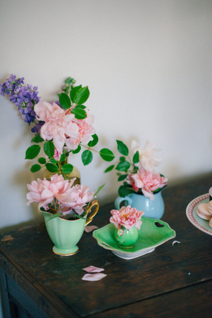Pretty pink romantic flowers set up for a valentines elopement at the Castle Westenhanger