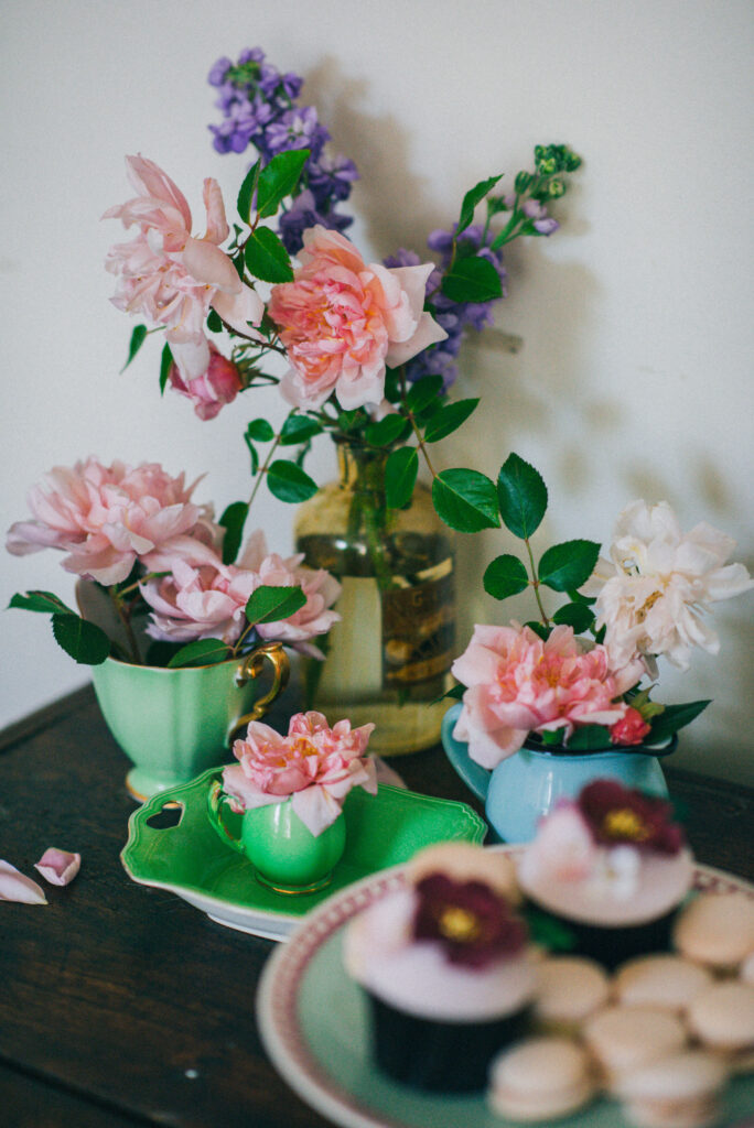 A delicate display of roses ready for an elopement afternoon tea at the Castle Westenhanger