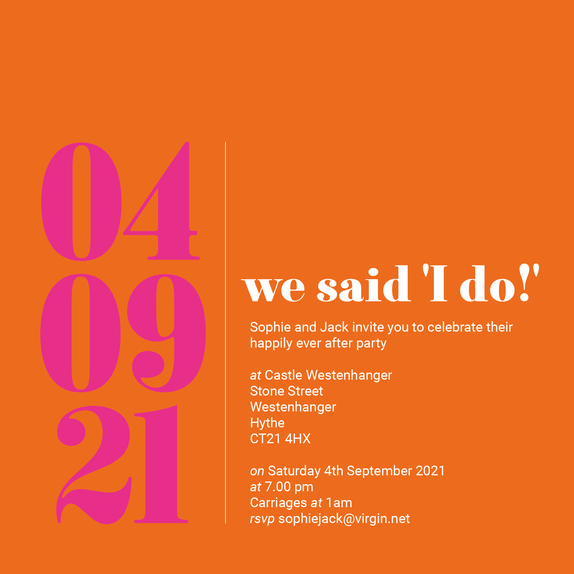 colourful invite to an elopement after party