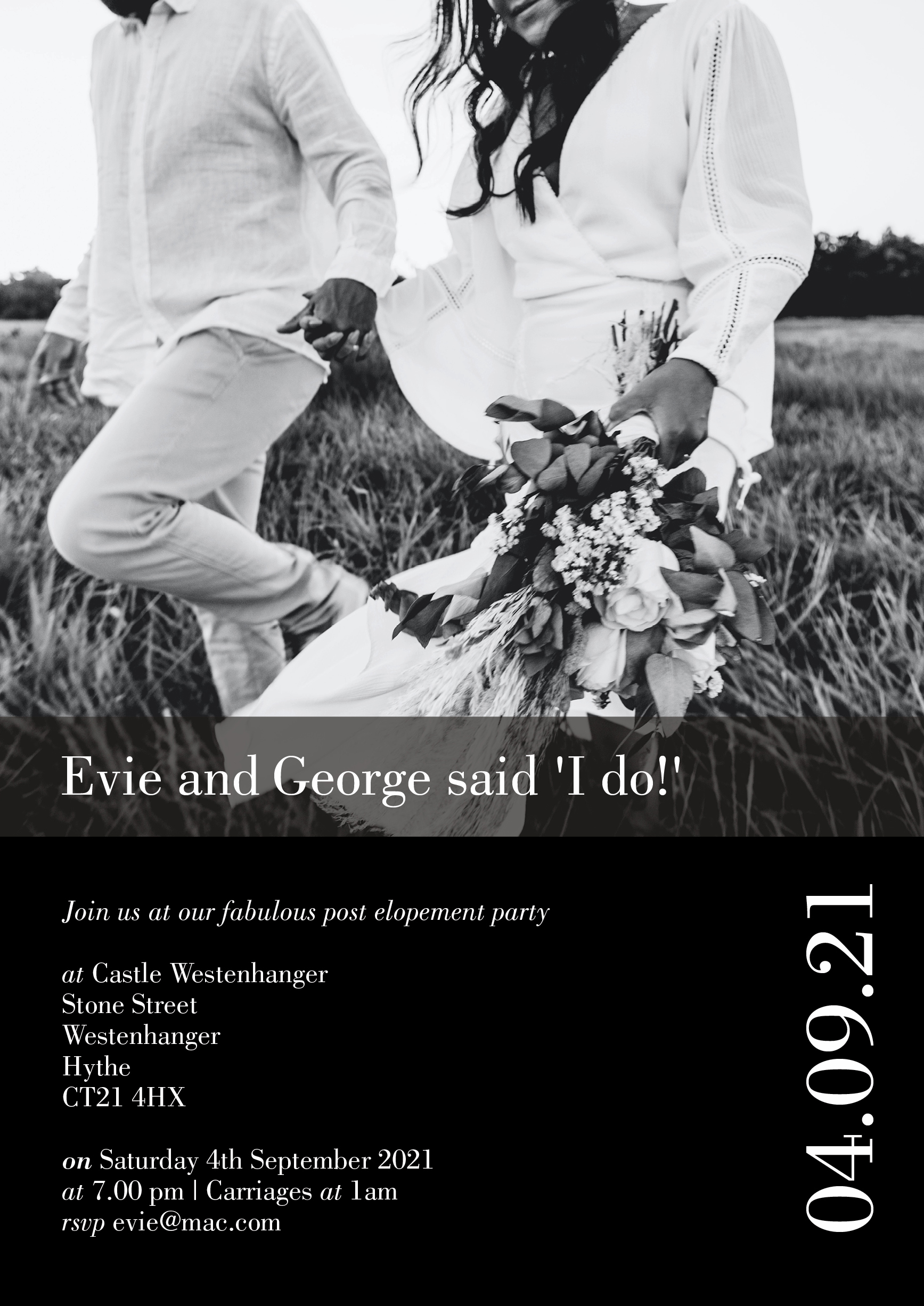 couple just eloped walking through a meadow stationery