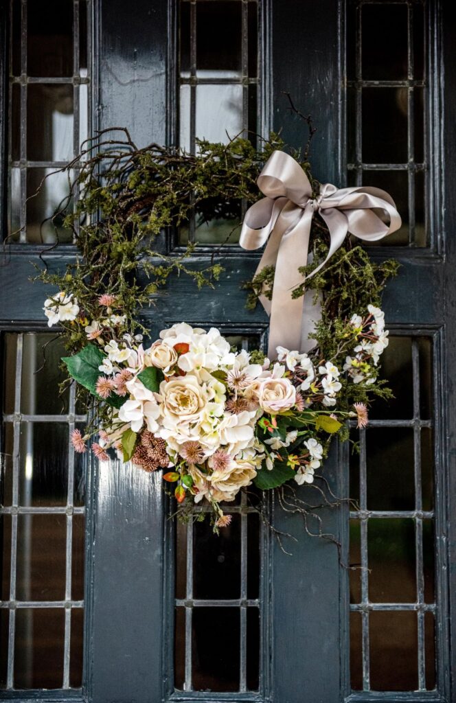 door wreath on the mansion door of the Castle Westenhanger, Kent, England