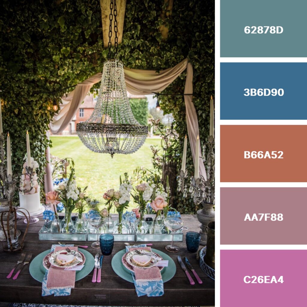 An outdoor tablescape with a chandelier 