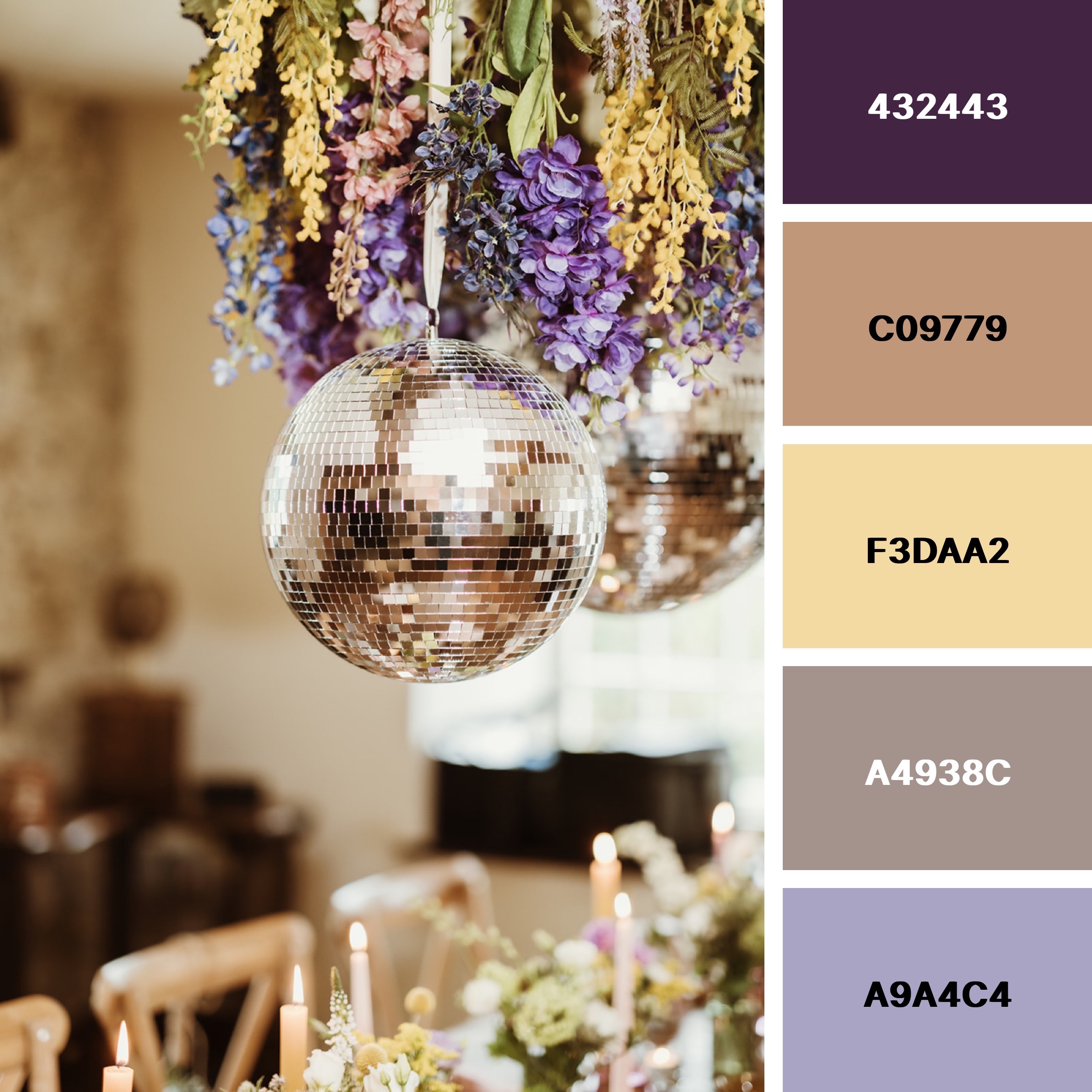 Disco balls and flowers hanging above a table