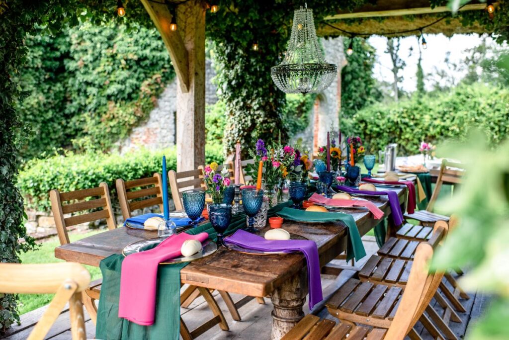 Kirsty and Steve's real elopement at the Castle Westenhanger in Kent by team E-Lope. The Gazebo set up for brightly colour wedding reception