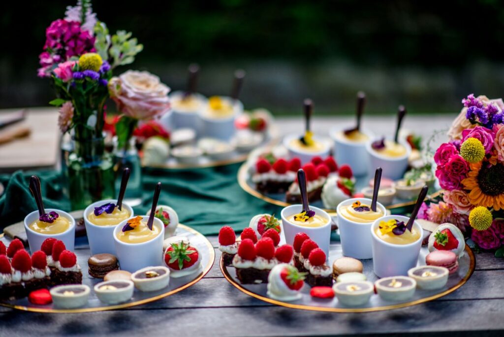 Kirsty and Steve's real elopement at the Castle Westenhanger in Kent by team E-Lope. Brightly coloured afternoon tea created by Touchays Kent Wedding Caterer