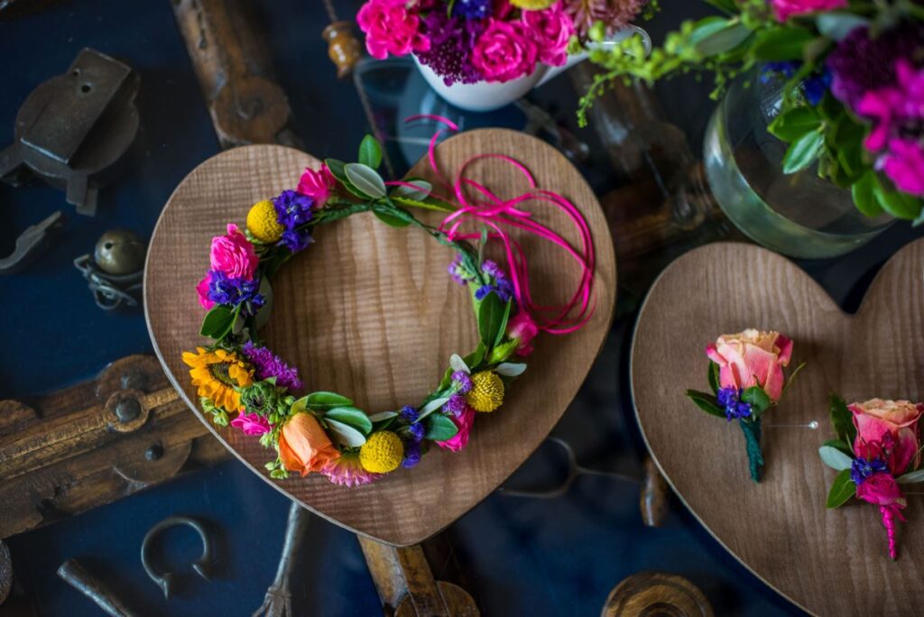 Kirsty and Steve's real elopement at the Castle Westenhanger in Kent by team E-Lope. Kirsty's brightly coloured floral Crown and buttonholes