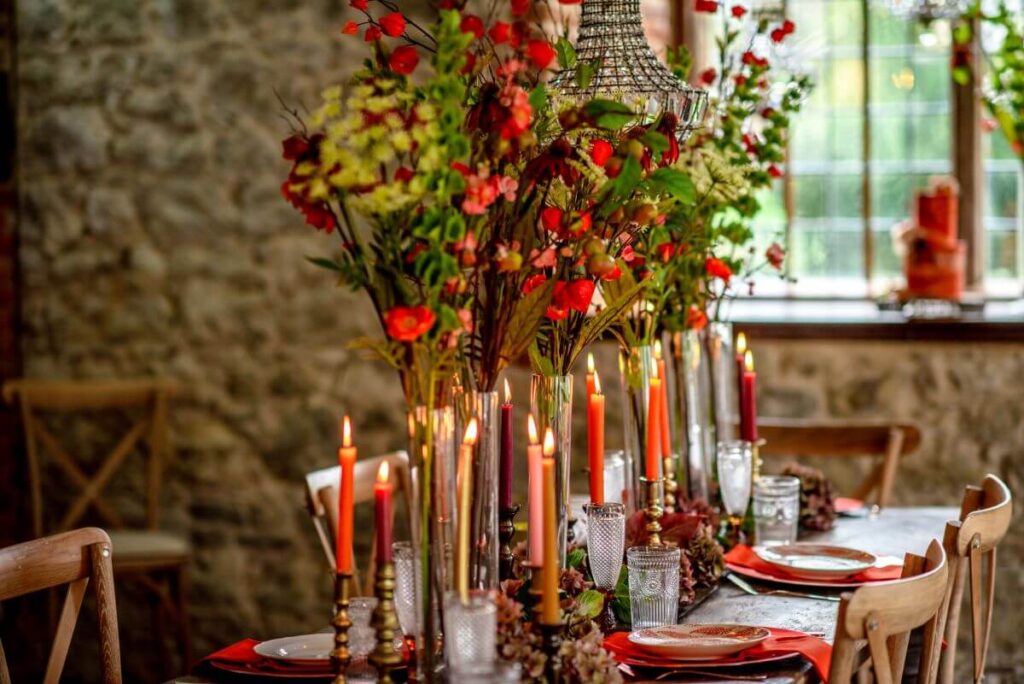 A halloween inspired tablescape for an elopement at the Castle Westenhanger Kent England