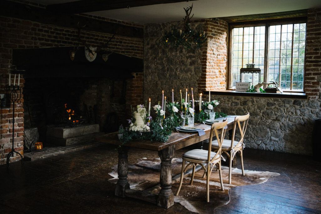 An intimate elopement wedding breakfast for two at The Castle Westenhanger Kent England
