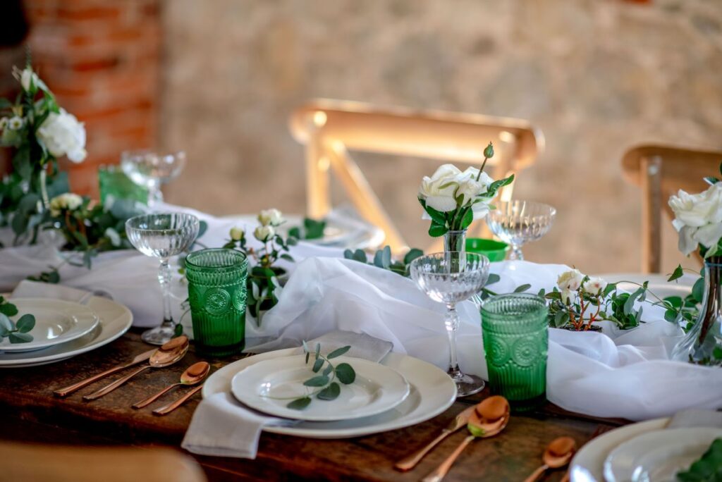A tablescape set up for an elopement afternoon tea at the Castle Westenhanger in Kent, England