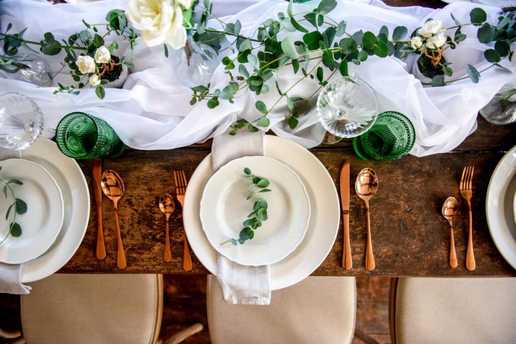 A tablescape set up for an elopement afternoon tea at the Castle Westenhanger in Kent, England