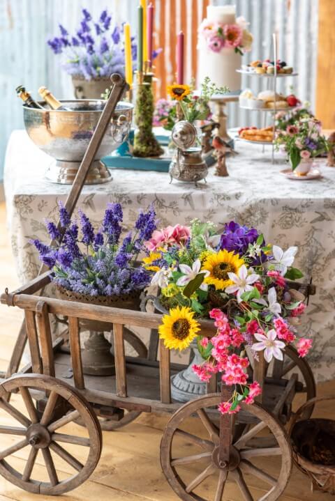 An Afternoon Tea tablescape set up for an elopement in the Tree House of Bilsington Priory, near Ashford, Kent, England, United Kingdom