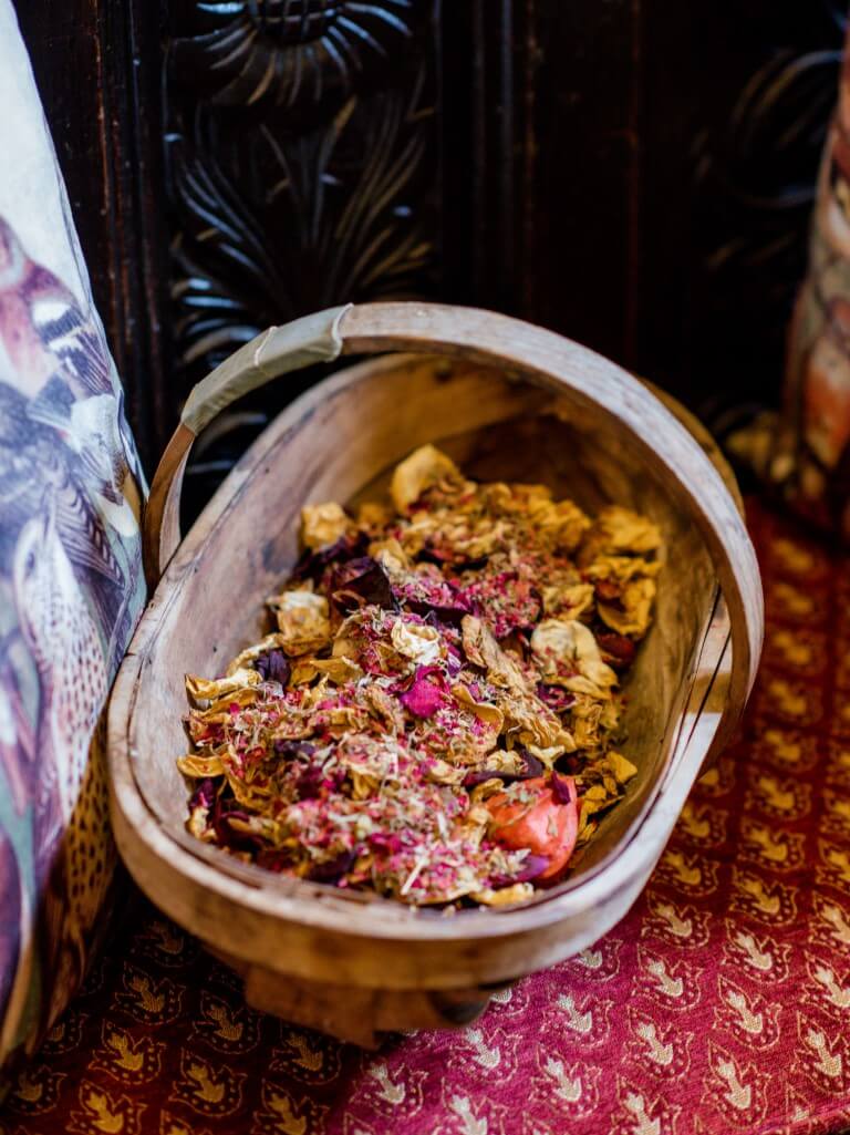 A fixed trug full of real petals for a confetti throw at the Castle Westenhanger
