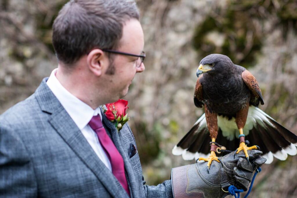 Emma and Paul's purple and red elopement with birds of prey at the Castle Westenhanger in Kent