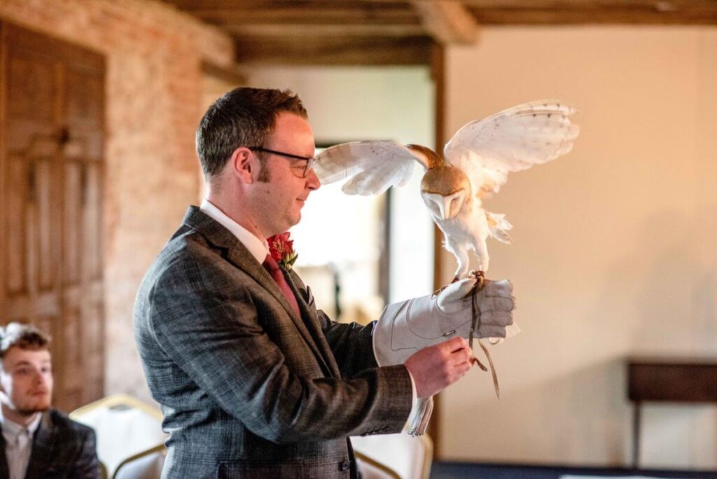 Emma and Paul's purple and red elopement with birds of prey at the Castle Westenhanger in Kent