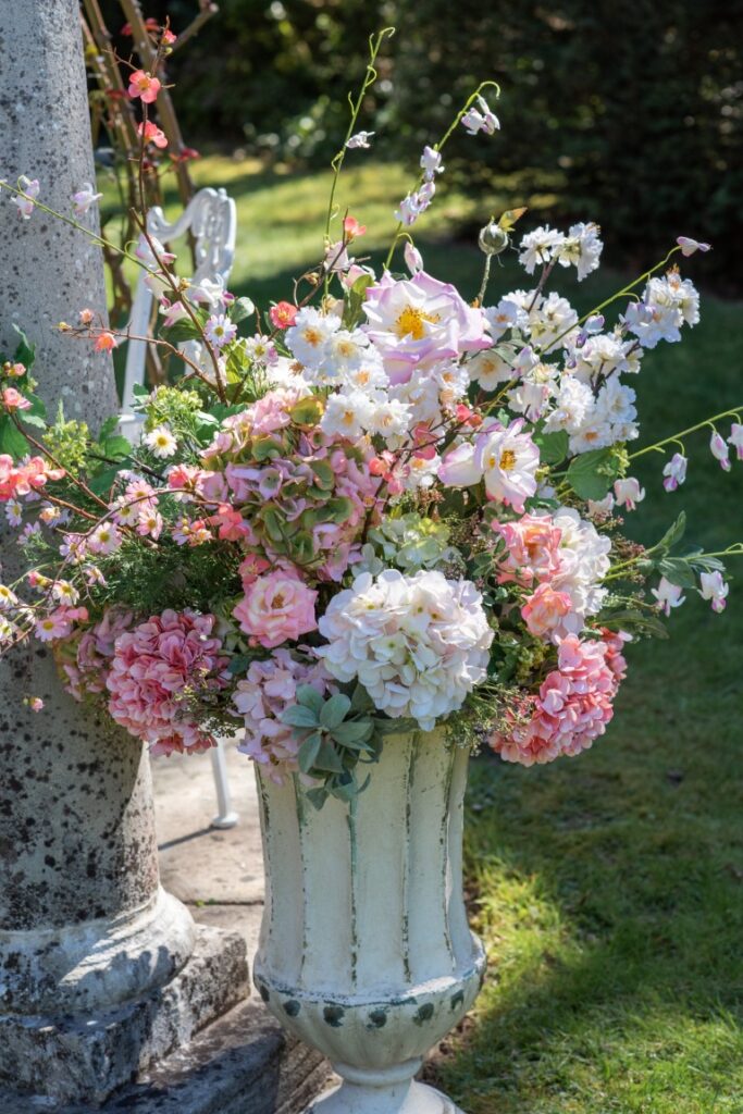 The garden set up with pastel colours for an elopment at Allington Castle, Maidstone, Kent, England