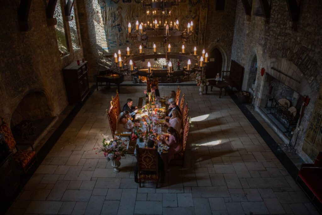 A view of the Great Hall at Allington Castle, near Maidstone, Kent from the Minstrels' Gallery