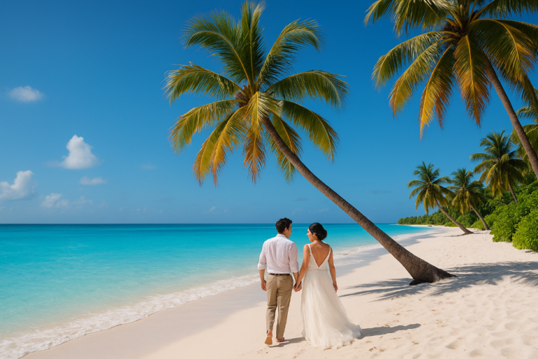 A just married couple on a tropical beach having held their elopement at sea